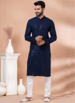 Viscose Rayon Navy Blue Traditional Wear Embroidery Work Kurta Pajama